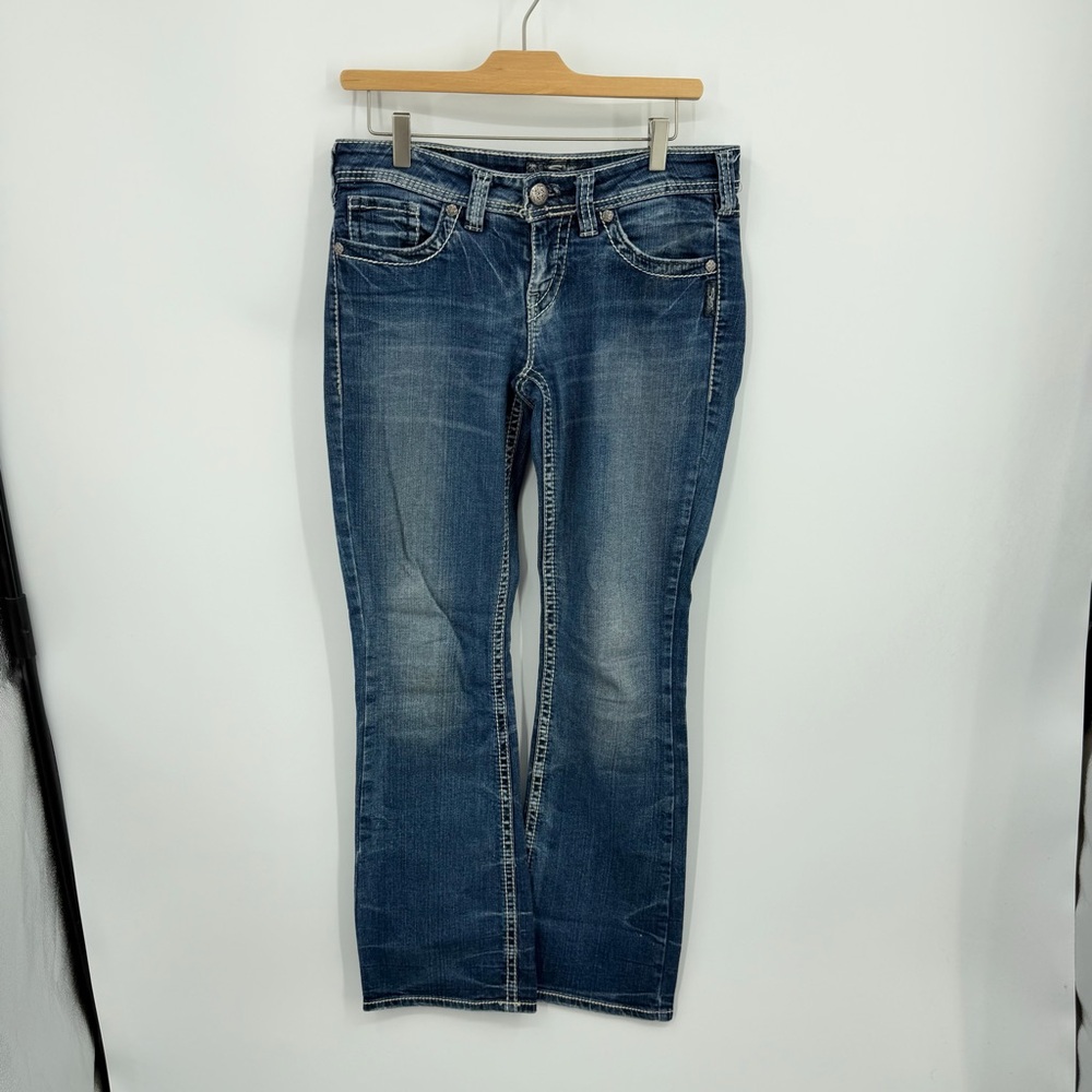 Silver Jeans Co. Suki mid-rise, slim bootcut jeans dark blue contrast stitch 27